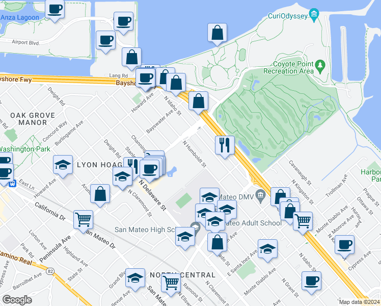 map of restaurants, bars, coffee shops, grocery stores, and more near 841 North Idaho Street in San Mateo
