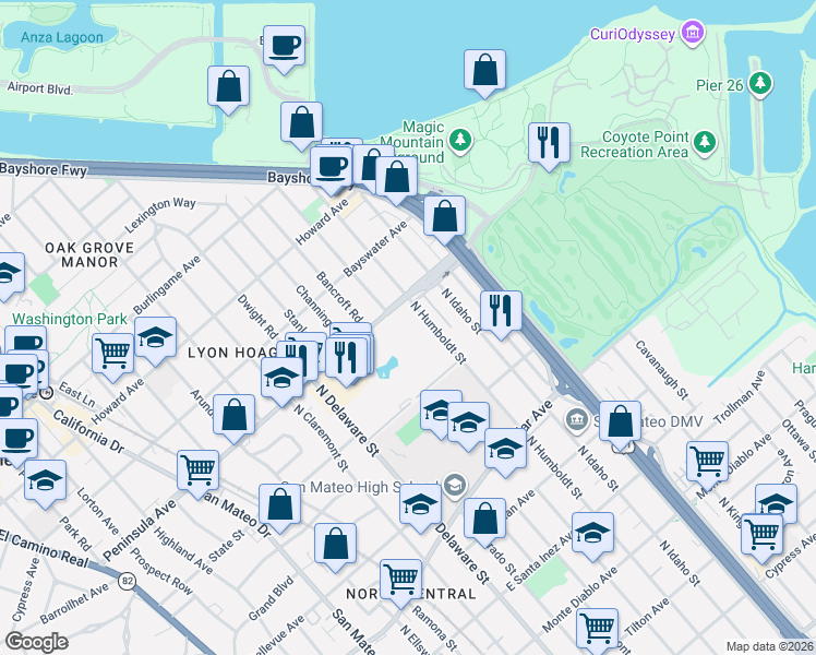 map of restaurants, bars, coffee shops, grocery stores, and more near 968 Peninsula Avenue in San Mateo