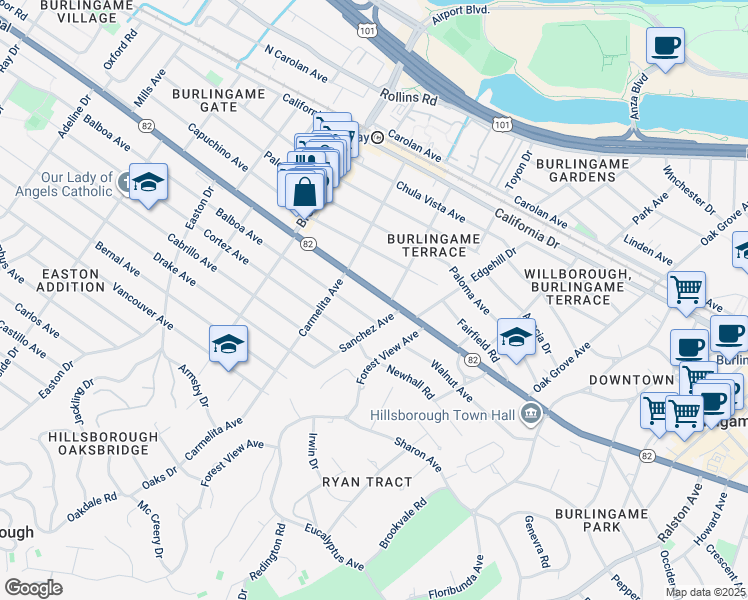 map of restaurants, bars, coffee shops, grocery stores, and more near 1008 El Camino Real in Burlingame