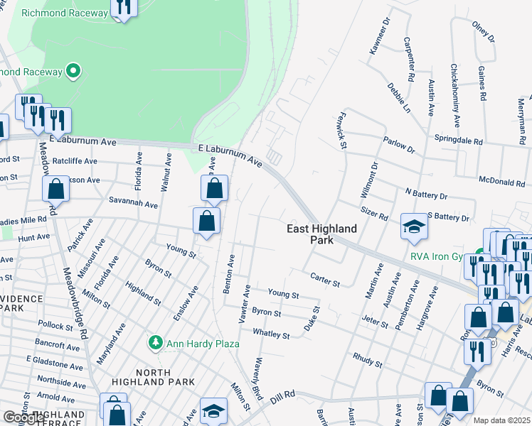 map of restaurants, bars, coffee shops, grocery stores, and more near 3901 Vawter Avenue in Richmond