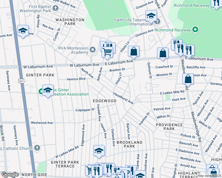 map of restaurants, bars, coffee shops, grocery stores, and more near 3701 North Avenue in Richmond