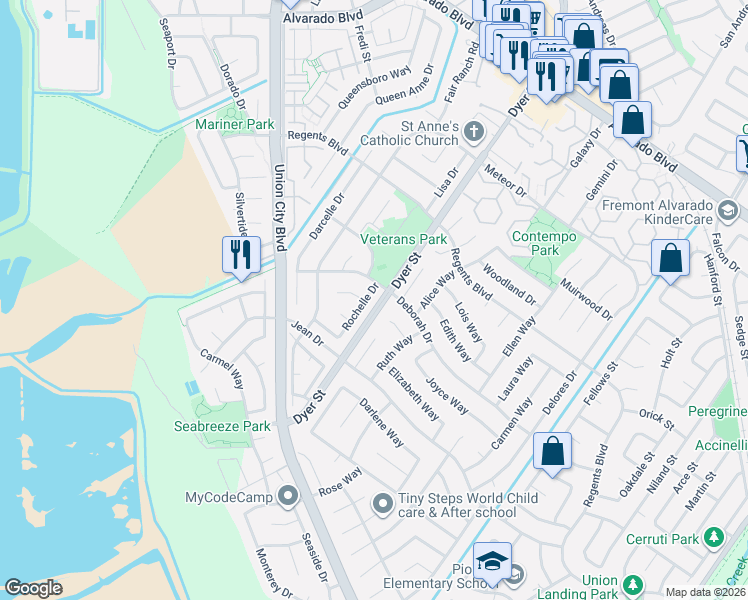 map of restaurants, bars, coffee shops, grocery stores, and more near 4608 Rochelle Drive in Union City