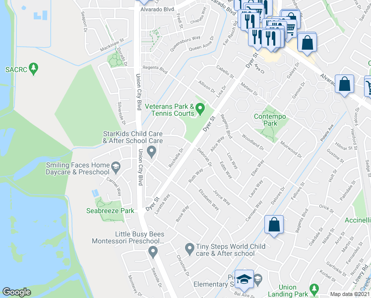 map of restaurants, bars, coffee shops, grocery stores, and more near 4608 Rochelle Drive in Union City