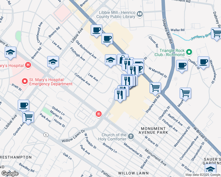 map of restaurants, bars, coffee shops, grocery stores, and more near 1517 Cutshaw Place in Richmond