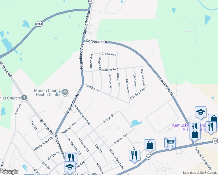 map of restaurants, bars, coffee shops, grocery stores, and more near 616-632 George Street in Lebanon