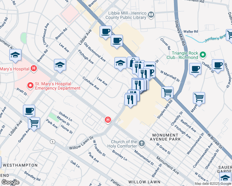 map of restaurants, bars, coffee shops, grocery stores, and more near 1506 Cutshaw Place in Richmond
