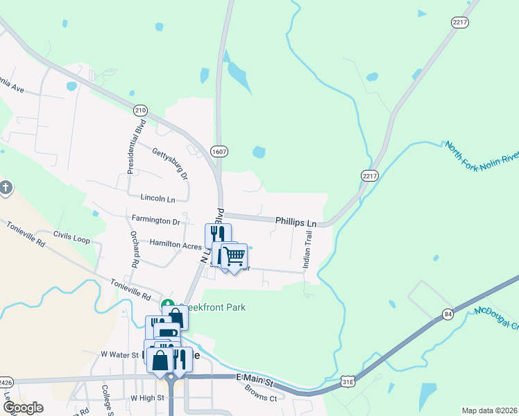 map of restaurants, bars, coffee shops, grocery stores, and more near 2 Phillips Lane in Hodgenville