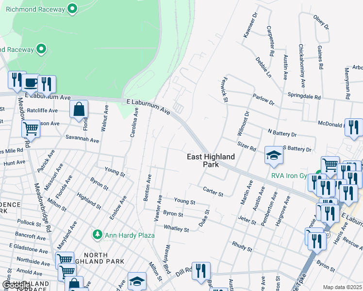 map of restaurants, bars, coffee shops, grocery stores, and more near 3902 Gary Avenue in Richmond