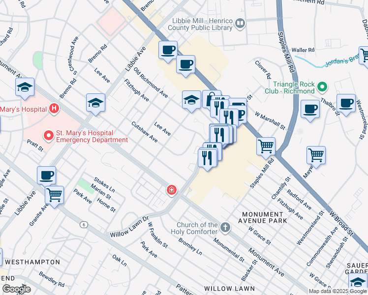 map of restaurants, bars, coffee shops, grocery stores, and more near 1506 Cutshaw Place in Richmond