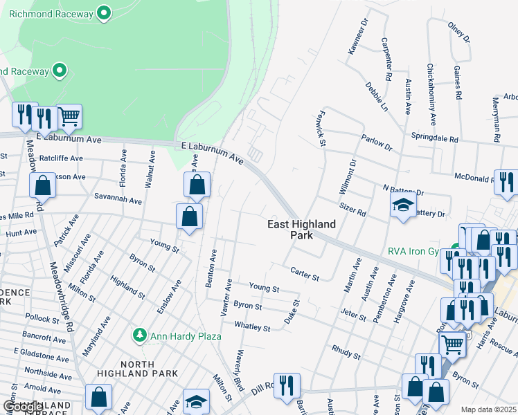 map of restaurants, bars, coffee shops, grocery stores, and more near 3902 Gary Avenue in Richmond