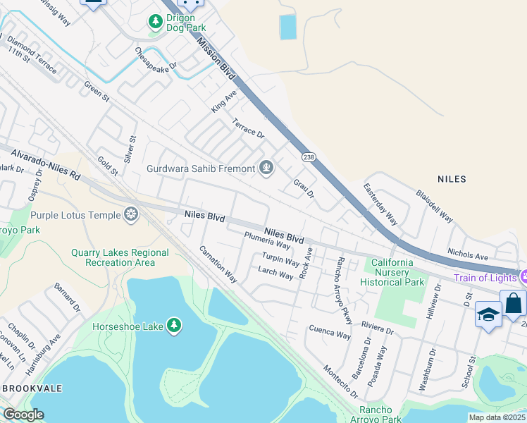 map of restaurants, bars, coffee shops, grocery stores, and more near 35849 Linda Drive in Fremont