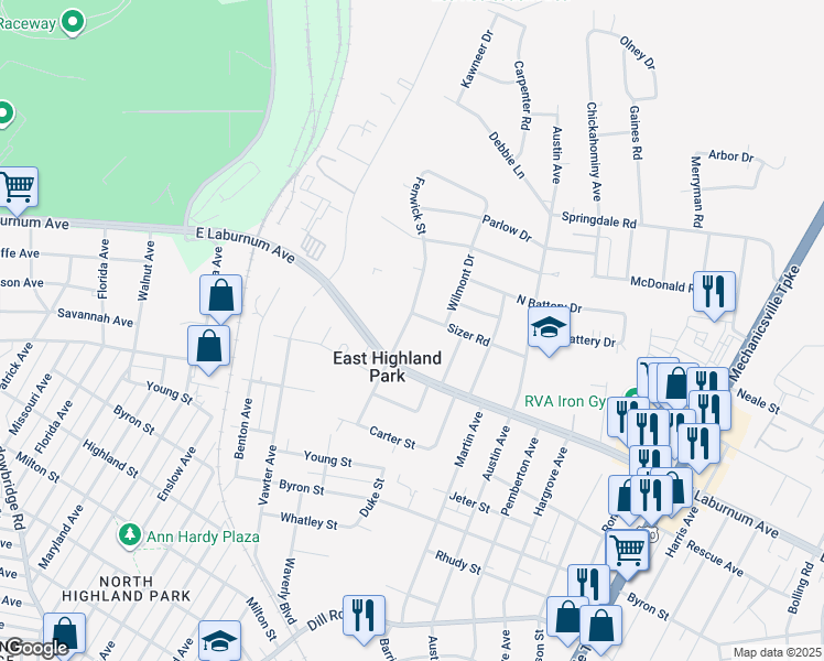 map of restaurants, bars, coffee shops, grocery stores, and more near 3911 Fenwick Street in Richmond