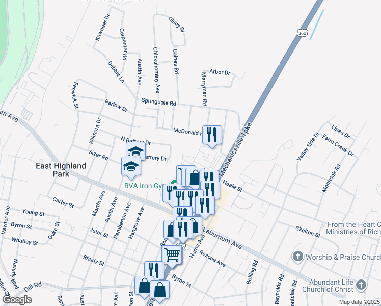 map of restaurants, bars, coffee shops, grocery stores, and more near 4055 Grand Reserve Lane in Richmond