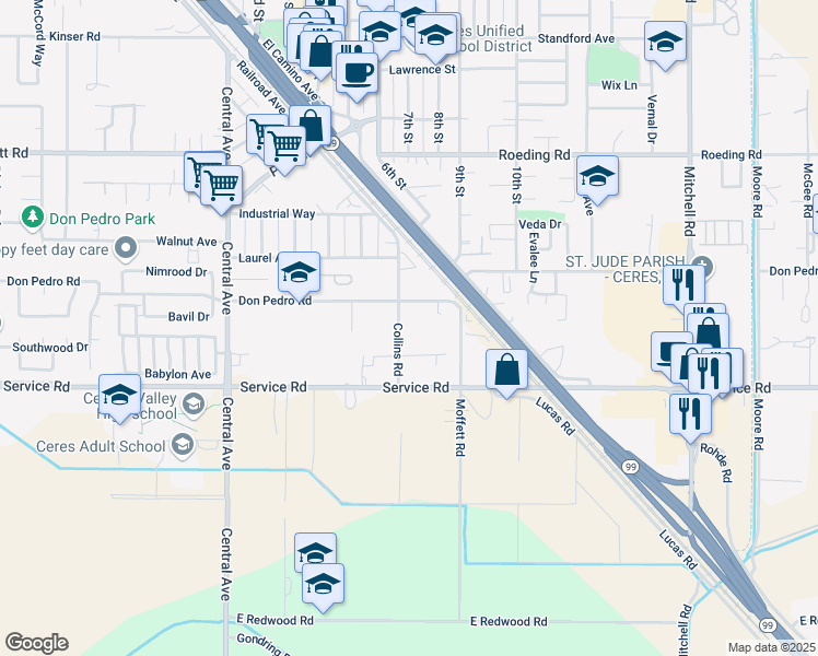map of restaurants, bars, coffee shops, grocery stores, and more near 2520 Don Pedro Road in Ceres