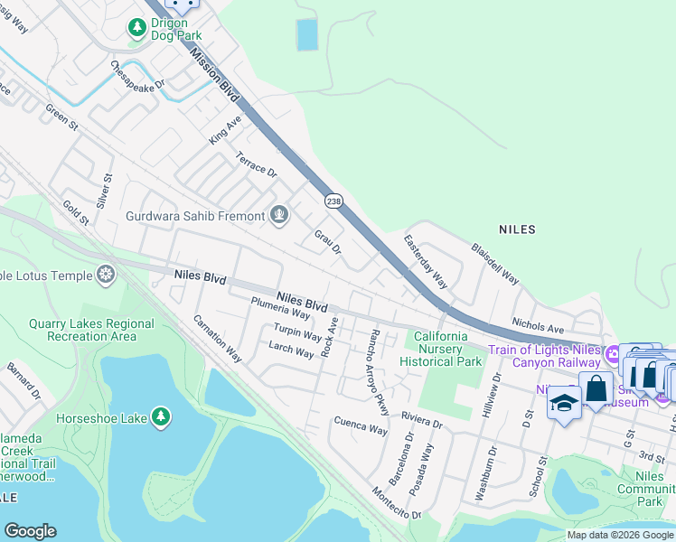 map of restaurants, bars, coffee shops, grocery stores, and more near 303 Grau Drive in Fremont