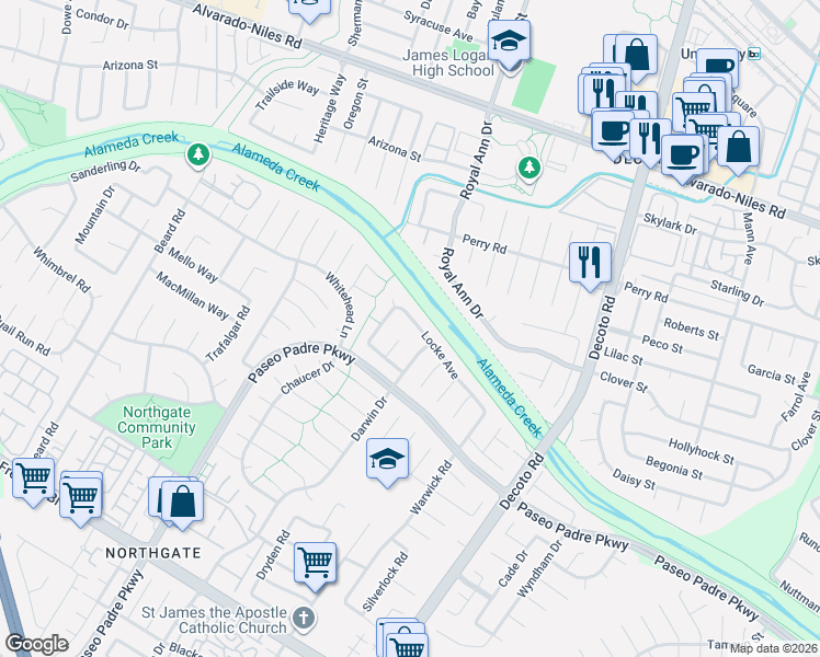 map of restaurants, bars, coffee shops, grocery stores, and more near 34387 Locke Avenue in Fremont