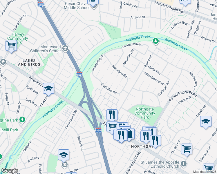 map of restaurants, bars, coffee shops, grocery stores, and more near 3528 Willow Wren Place in Fremont