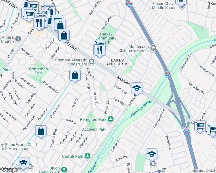 map of restaurants, bars, coffee shops, grocery stores, and more near 4075 Heron Place in Fremont