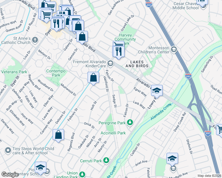 map of restaurants, bars, coffee shops, grocery stores, and more near 32945 Falcon Drive in Fremont