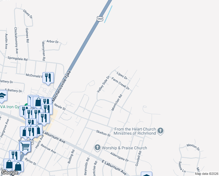 map of restaurants, bars, coffee shops, grocery stores, and more near 2912 Valley Side Terrace in Richmond