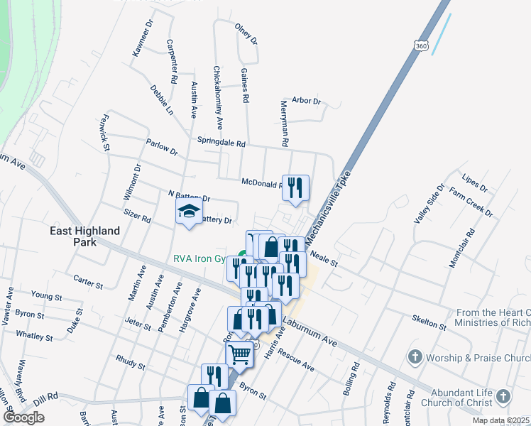 map of restaurants, bars, coffee shops, grocery stores, and more near 4055 Grand Reserve Lane in Richmond