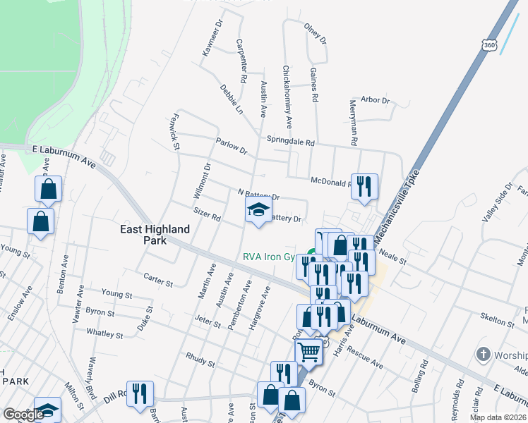 map of restaurants, bars, coffee shops, grocery stores, and more near 1907 North Battery Drive in Richmond