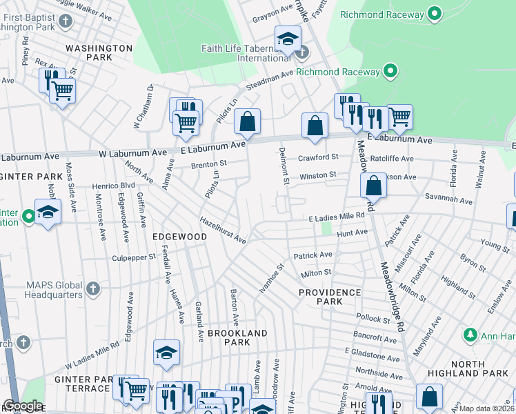 map of restaurants, bars, coffee shops, grocery stores, and more near 340 Grayson Street in Richmond