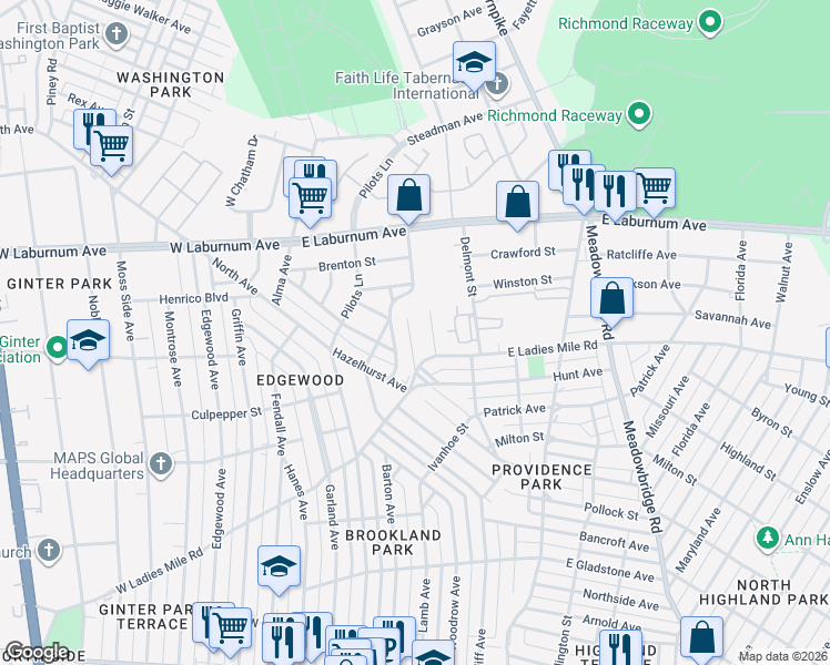 map of restaurants, bars, coffee shops, grocery stores, and more near 340 Grayson Street in Richmond
