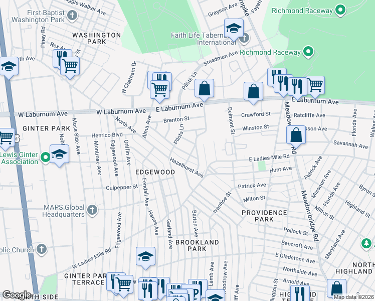 map of restaurants, bars, coffee shops, grocery stores, and more near 3511 Westcliffe Avenue in Richmond