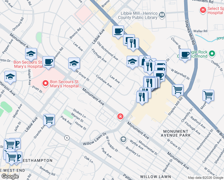 map of restaurants, bars, coffee shops, grocery stores, and more near 5302 Cutshaw Avenue in Richmond