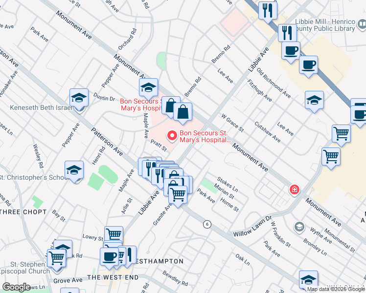 map of restaurants, bars, coffee shops, grocery stores, and more near 1290 Chase Street in Richmond
