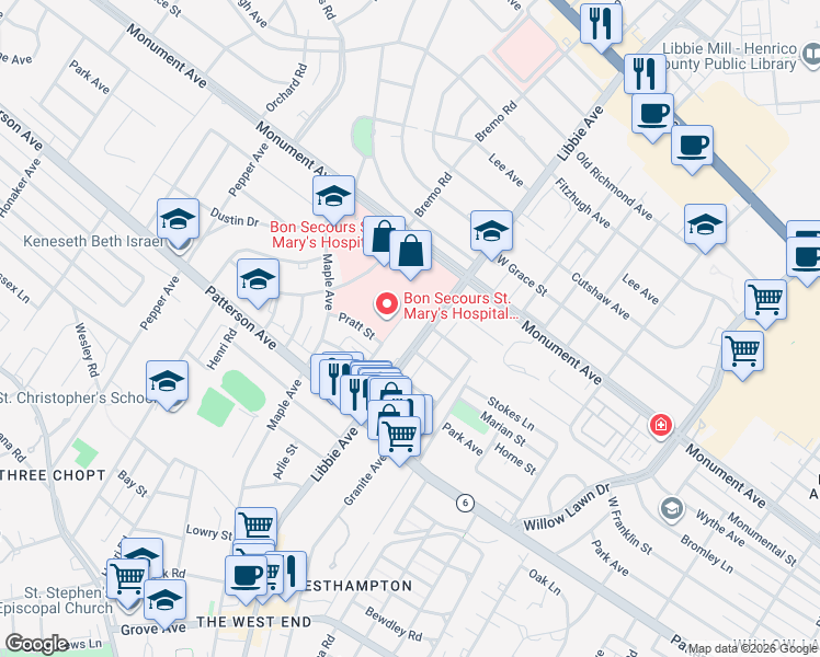 map of restaurants, bars, coffee shops, grocery stores, and more near 1290 Chase Street in Richmond
