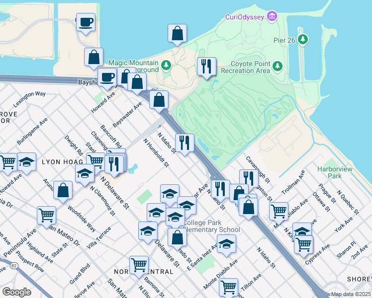 map of restaurants, bars, coffee shops, grocery stores, and more near 747 North Amphlett Boulevard in San Mateo
