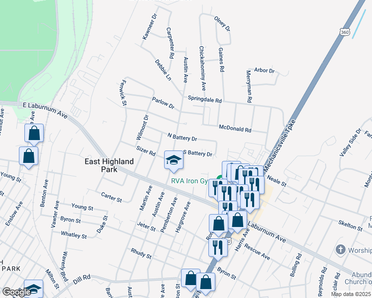 map of restaurants, bars, coffee shops, grocery stores, and more near 1902 South Battery Drive in Richmond