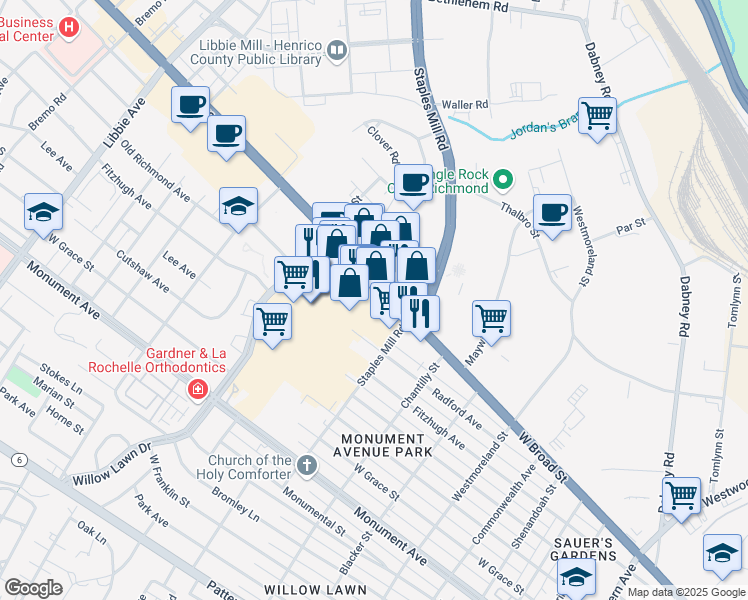 map of restaurants, bars, coffee shops, grocery stores, and more near 4915 West Broad Street in Richmond
