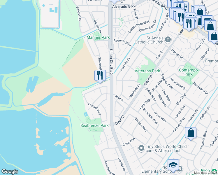 map of restaurants, bars, coffee shops, grocery stores, and more near 32425 Pacific Grove Way in Union City
