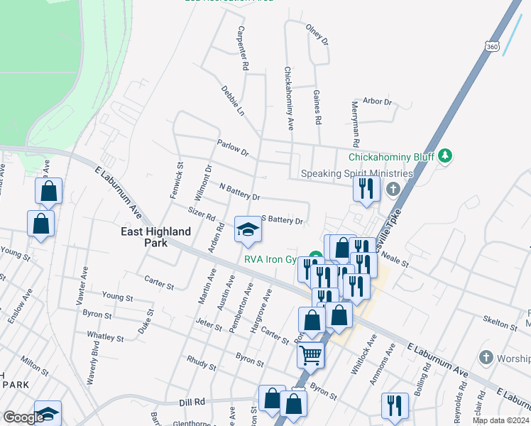 map of restaurants, bars, coffee shops, grocery stores, and more near 1902 South Battery Road in Richmond