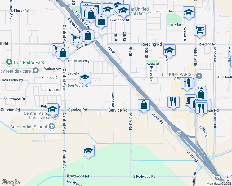 map of restaurants, bars, coffee shops, grocery stores, and more near 2520 Don Pedro Road in Ceres