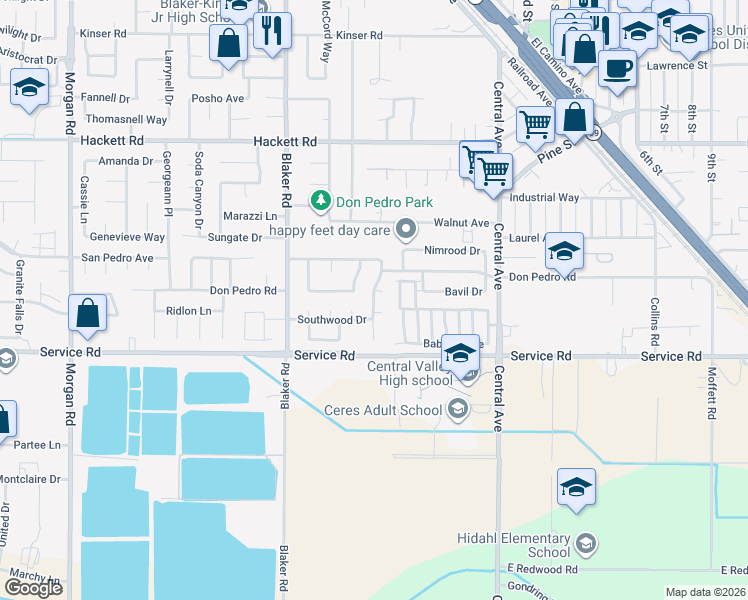 map of restaurants, bars, coffee shops, grocery stores, and more near 3908 Woodview Drive in Ceres
