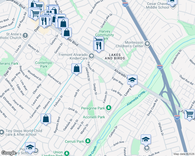 map of restaurants, bars, coffee shops, grocery stores, and more near 32945 Falcon Drive in Fremont