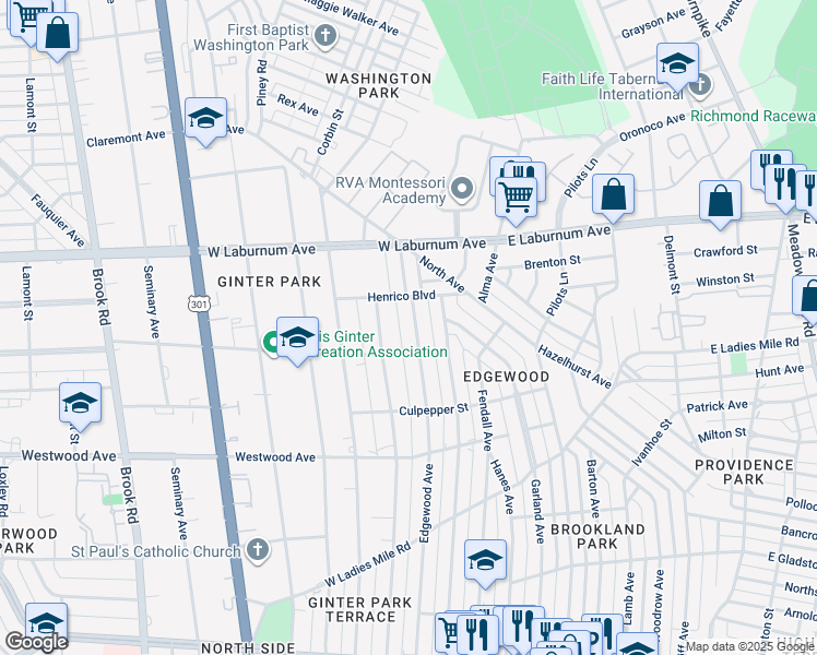 map of restaurants, bars, coffee shops, grocery stores, and more near 3610 Edgewood Avenue in Richmond