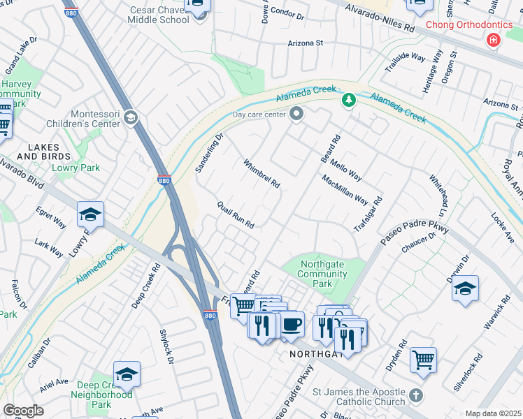 map of restaurants, bars, coffee shops, grocery stores, and more near 33783 Whimbrel Road in Fremont