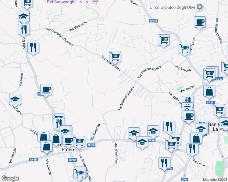 map of restaurants, bars, coffee shops, grocery stores, and more near 24A B Via Mario Famà in Città metropolitana di Catania