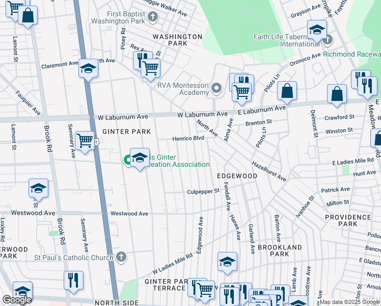 map of restaurants, bars, coffee shops, grocery stores, and more near 3610 Edgewood Avenue in Richmond