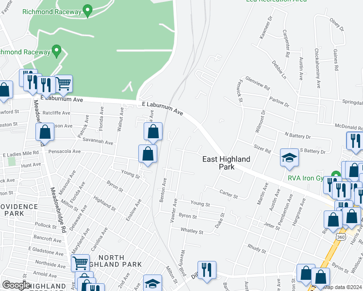 map of restaurants, bars, coffee shops, grocery stores, and more near 3902 Vawter Avenue in Richmond