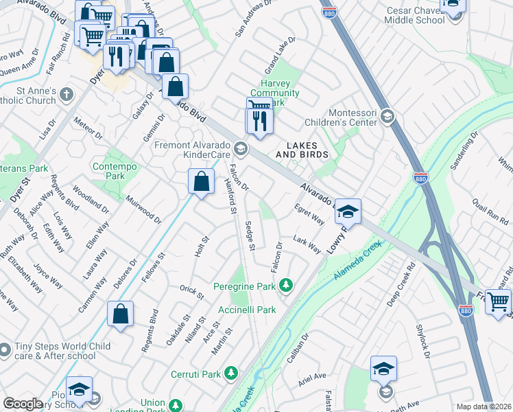 map of restaurants, bars, coffee shops, grocery stores, and more near 32945 Falcon Drive in Fremont