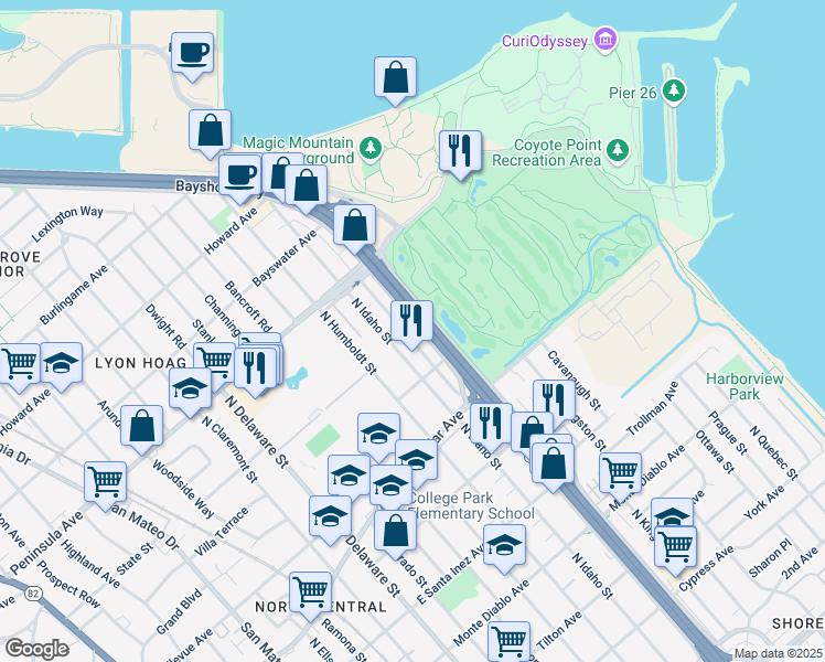 map of restaurants, bars, coffee shops, grocery stores, and more near 747 North Amphlett Boulevard in San Mateo