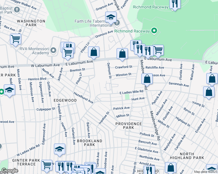 map of restaurants, bars, coffee shops, grocery stores, and more near 3751 Delmont Street in Richmond