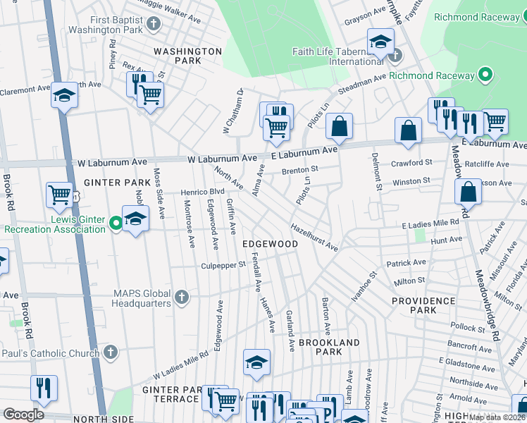 map of restaurants, bars, coffee shops, grocery stores, and more near 3806 North Avenue in Richmond