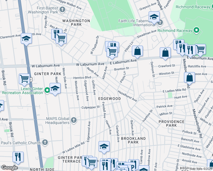 map of restaurants, bars, coffee shops, grocery stores, and more near 3806 North Avenue in Richmond